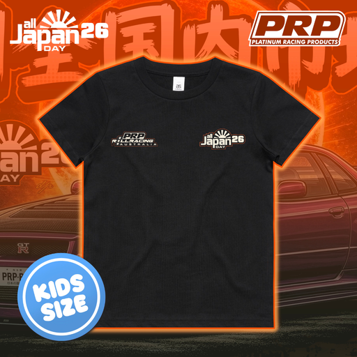 Black t-shirt with logos on an orange background featuring a car and event text.