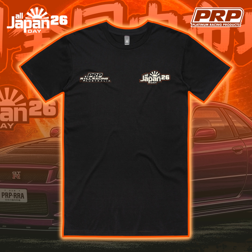 Black t-shirt with logos on an orange and black background featuring cars and 'all Japan 26' text.