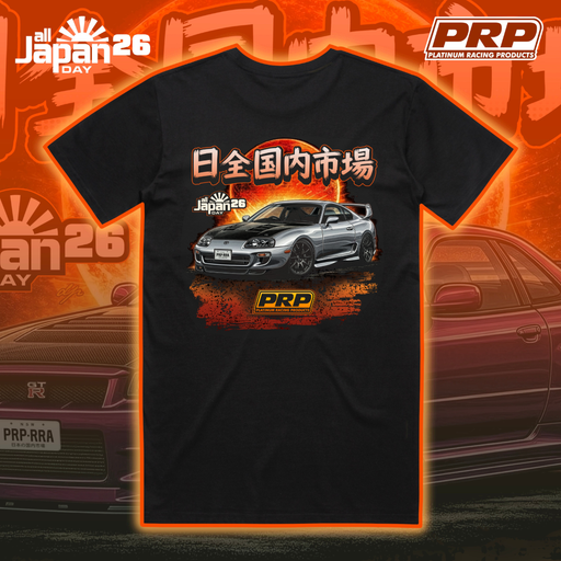 Black t-shirt with car graphic and PRP logo on an orange and black background