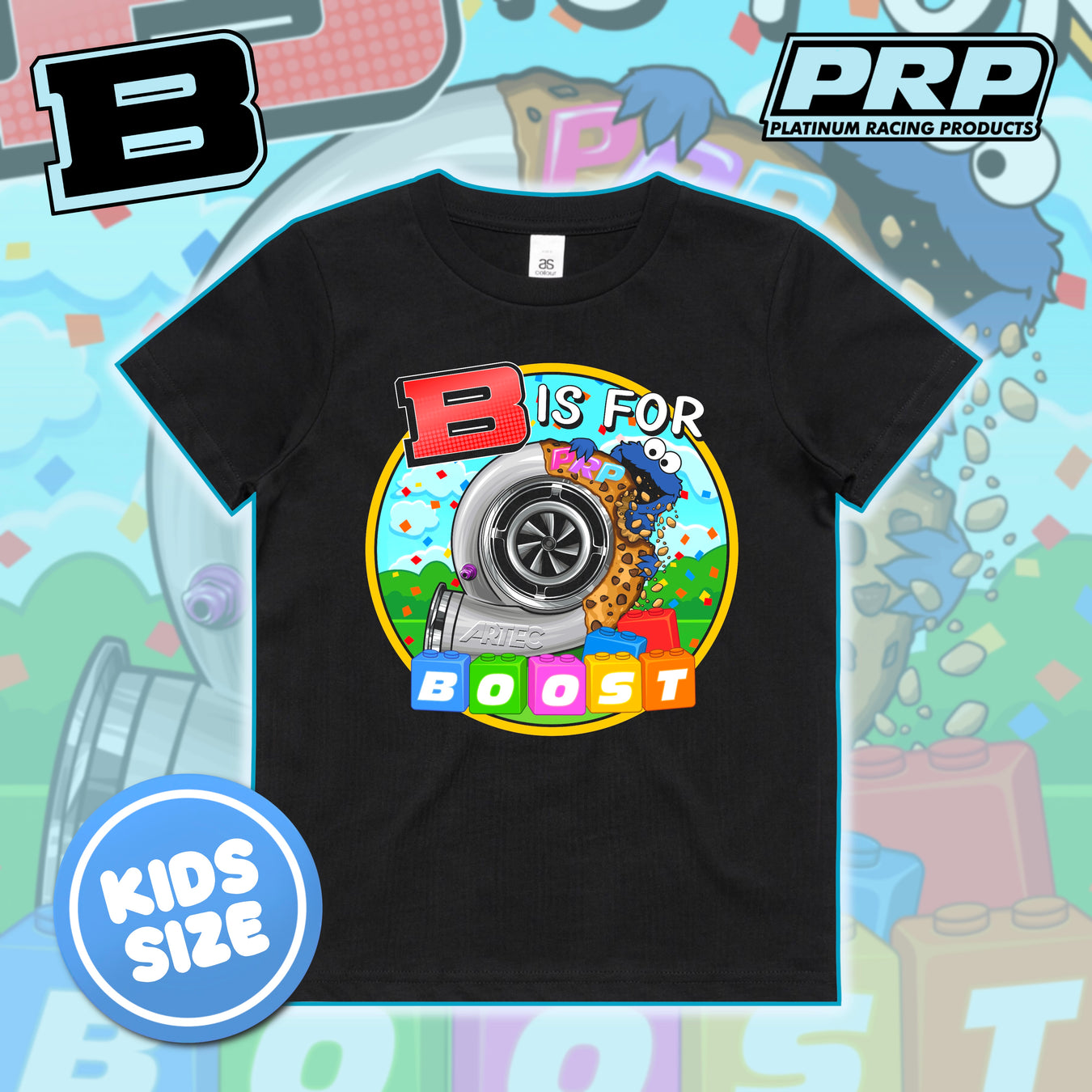 A black kids' short-sleeve T-shirt with a colorful turbocharger and 'B IS FOR BOOST' graphic, shown on a playful light blue background with PRP branding and a 'KIDS SIZE' badge.