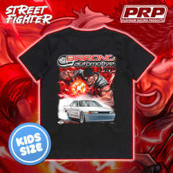 Black t-shirt with 'Birrong Automotive' graphic on a red background with 'Street Fighter' and PRP Racing Products branding.