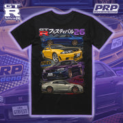 Black t-shirt with car graphics and PRP and GT-R branding on a blue and purple gradient background.
