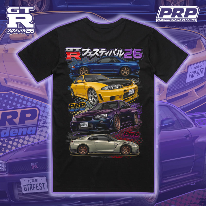 Black t-shirt with car graphics and PRP and GT-R branding on a blue and purple gradient background.