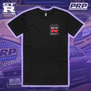 Black t-shirt with a logo on the chest against a racing-themed background