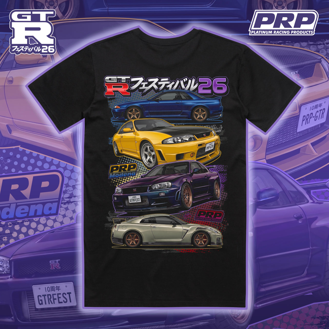 Black t-shirt with car graphics and PRP and GT-R branding on a blue and purple gradient background.