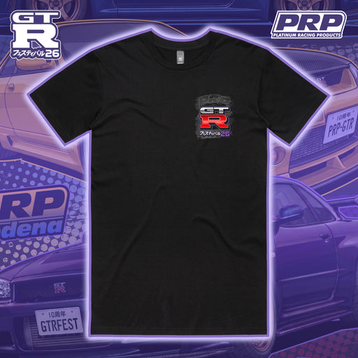 Black t-shirt with a logo on the chest against a racing-themed background