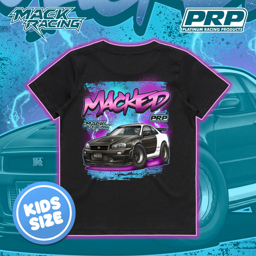 Black t-shirt with car graphic and 'Macked' text on a blue and green abstract background with 'Mack Racing' and 'PRP' logos.