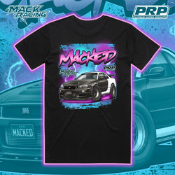 Black t-shirt with car graphic and 'Macked' text on a blue and purple gradient background with racing elements.