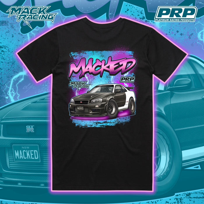 Black t-shirt with car graphic and 'Macked' text on a blue and purple gradient background with racing elements.