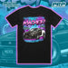 Black t-shirt with car graphic and 'Macked' text on a blue and purple gradient background with racing elements.