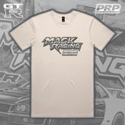 Beige t-shirt with 'Mack Racing' and 'PRP' logos on a gray background with car graphics.