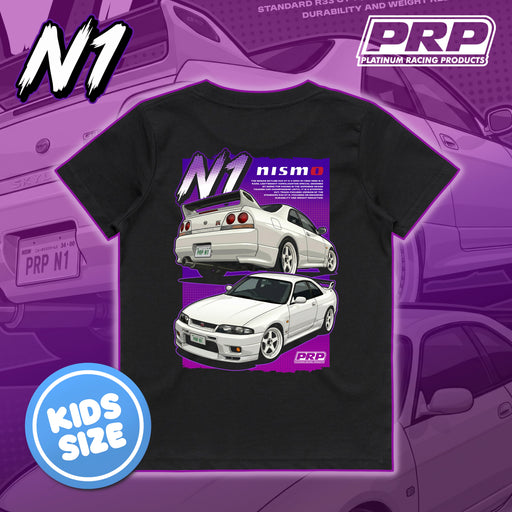 Black t-shirt with car graphics and PRP branding on a purple car background