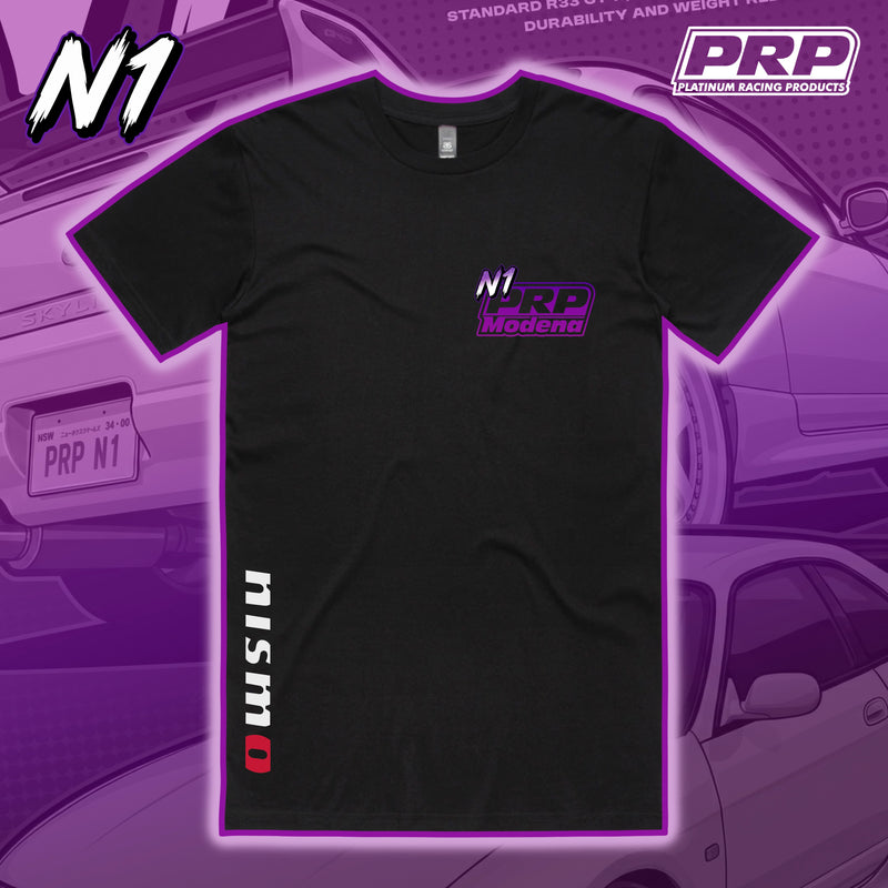 Black t-shirt with PRP and Nismo logos on a purple background
