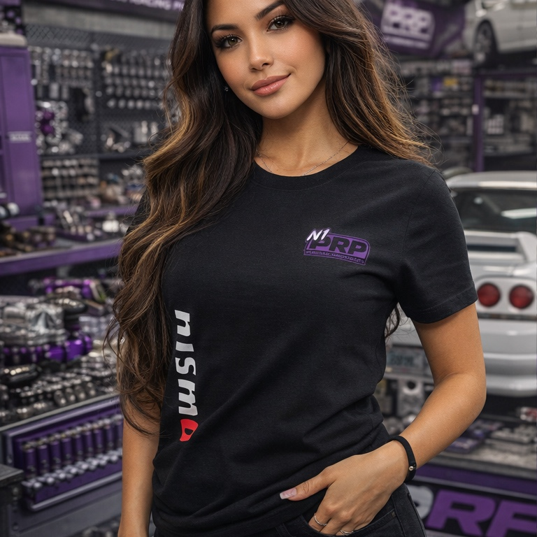 Woman wearing a black t-shirt with NISMO logo in a car parts store.