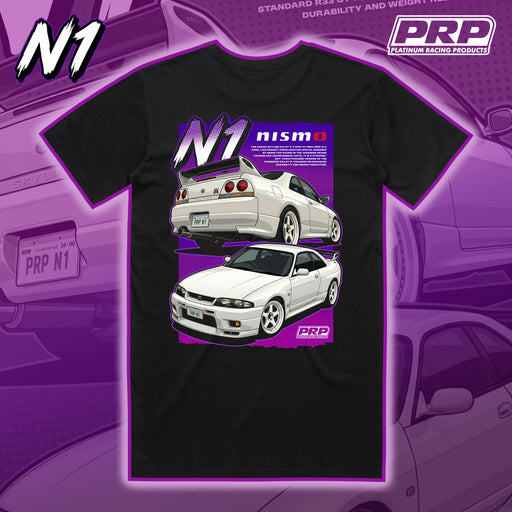 Black t-shirt with Nismo and PRP logos and car graphics on a purple background