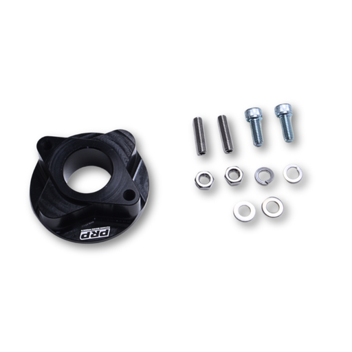 Black mechanical component with screws and washers on a white background