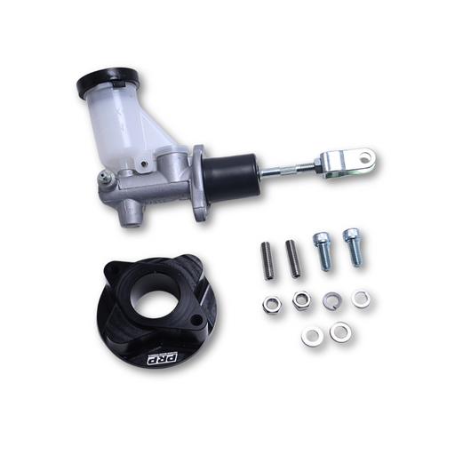 Clutch booster delete kit including a master cylinder and various mounting hardware.