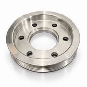 A polished steel automotive pulley with a ribbed outer belt groove, six bolt holes, and a machined center hub, shown on a white background with a soft reflection.