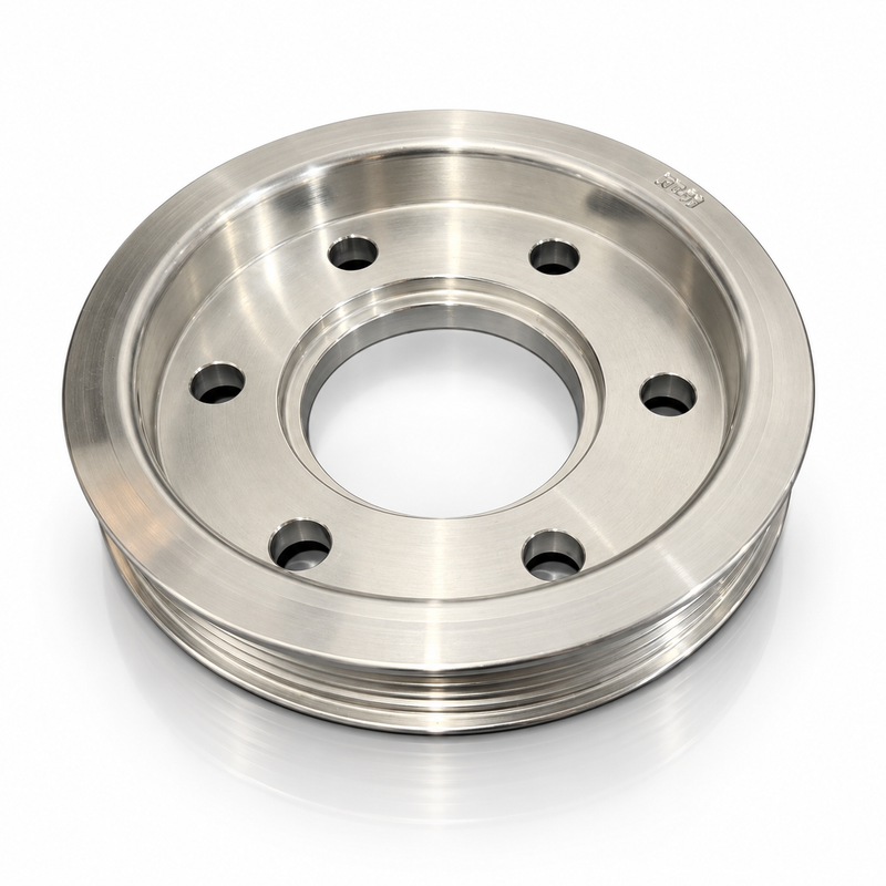 A polished steel automotive pulley with a ribbed outer belt groove, six bolt holes, and a machined center hub, shown on a white background with a soft reflection.
