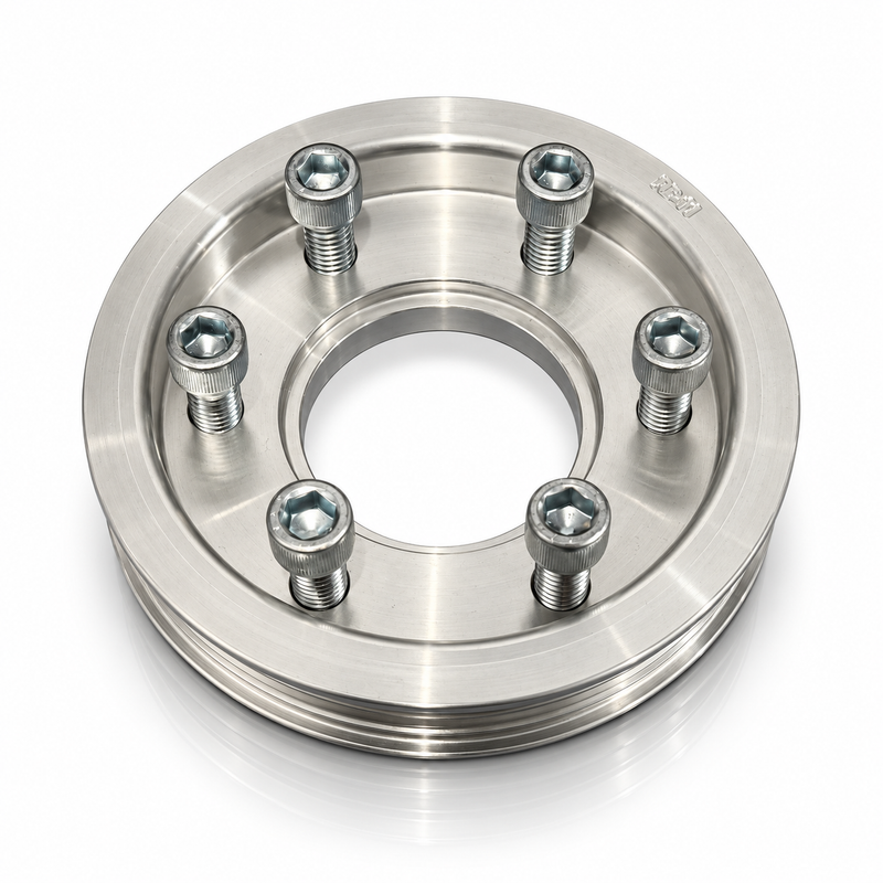 A polished steel wheel spacer with six threaded lug bolts, shown on a clean white background with a subtle reflection.
