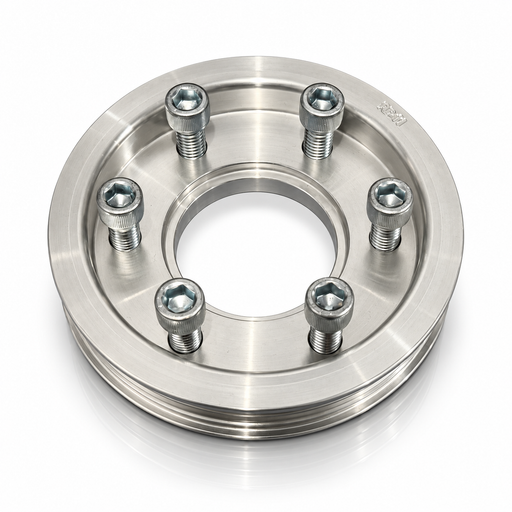 A polished steel wheel spacer with six threaded lug bolts, shown on a clean white background with a subtle reflection.