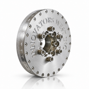 A heavy-duty metallic circular mechanical component with threaded edges, pre-drilled holes, and a central hub, featuring the brand name 'INNOVATORS WEST, INC.' embossed on the face, shown on a reflective white background.