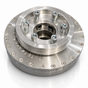 A machined metallic automotive part, likely a wheel hub or bearing assembly, featuring a silver aluminum finish, threaded grooves, pre-installed lug bolts, and embossed brand lettering on the outer flange.