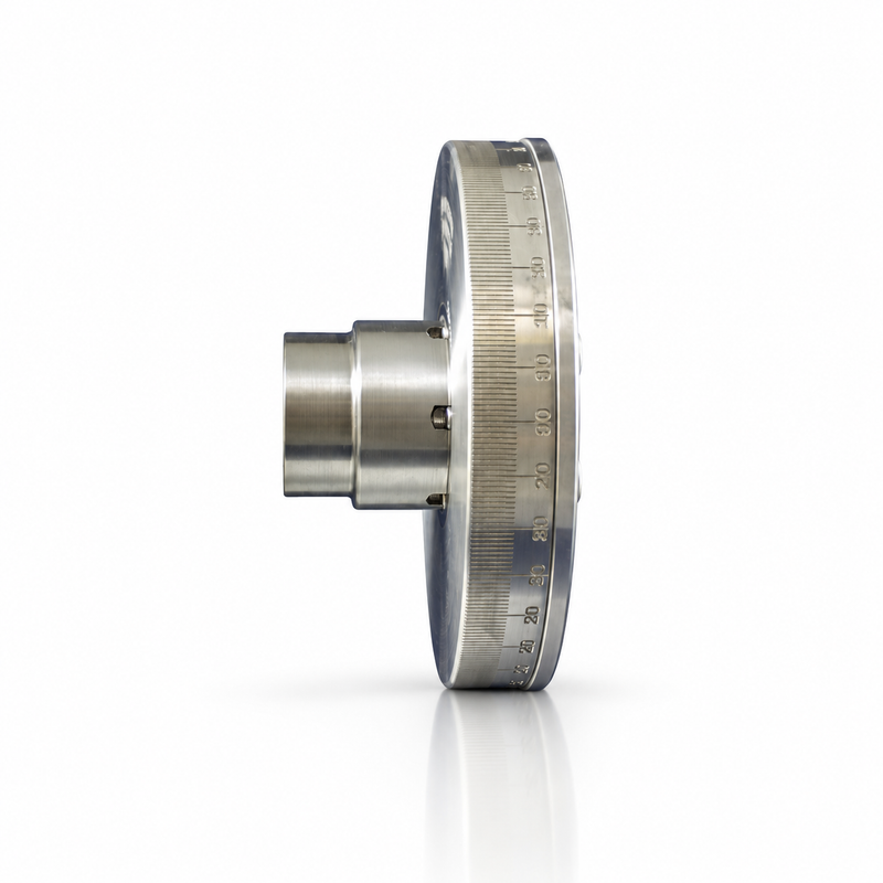 A metallic dial or angle-measuring component shown in side profile on a clean white background with a soft reflection below.