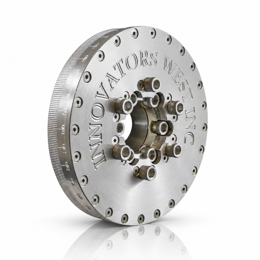 A heavy-duty metallic circular mechanical component with threaded edges, pre-drilled holes, and a central hub, featuring the brand name 'INNOVATORS WEST, INC.' embossed on the face, shown on a reflective white background.