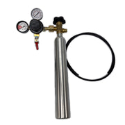 A stainless steel gas cylinder with a brass regulator, two black dials, a black hose, and a black valve cap, isolated on a white background.
