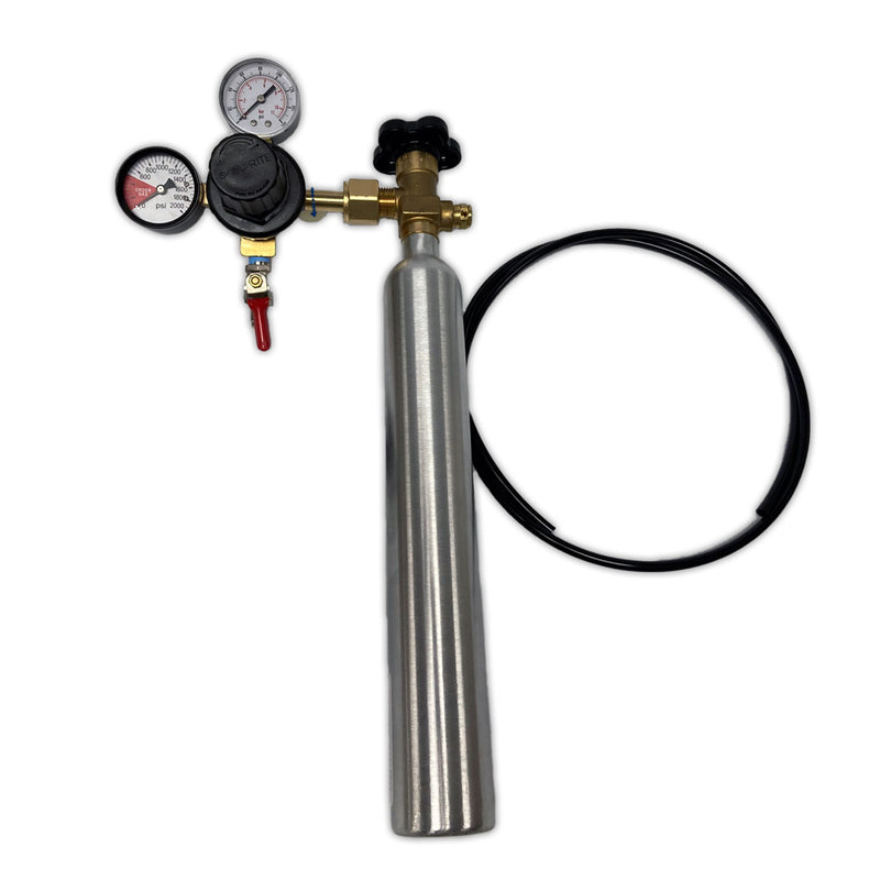 A stainless steel gas cylinder with a brass regulator, two black dials, a black hose, and a black valve cap, isolated on a white background.