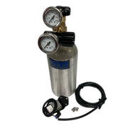 A stainless steel gas cylinder with two analog pressure gauges, a black regulator valve, a blue label, a coiled black hose, a black electronic control module, and small mounting screws, photographed on a plain white background.