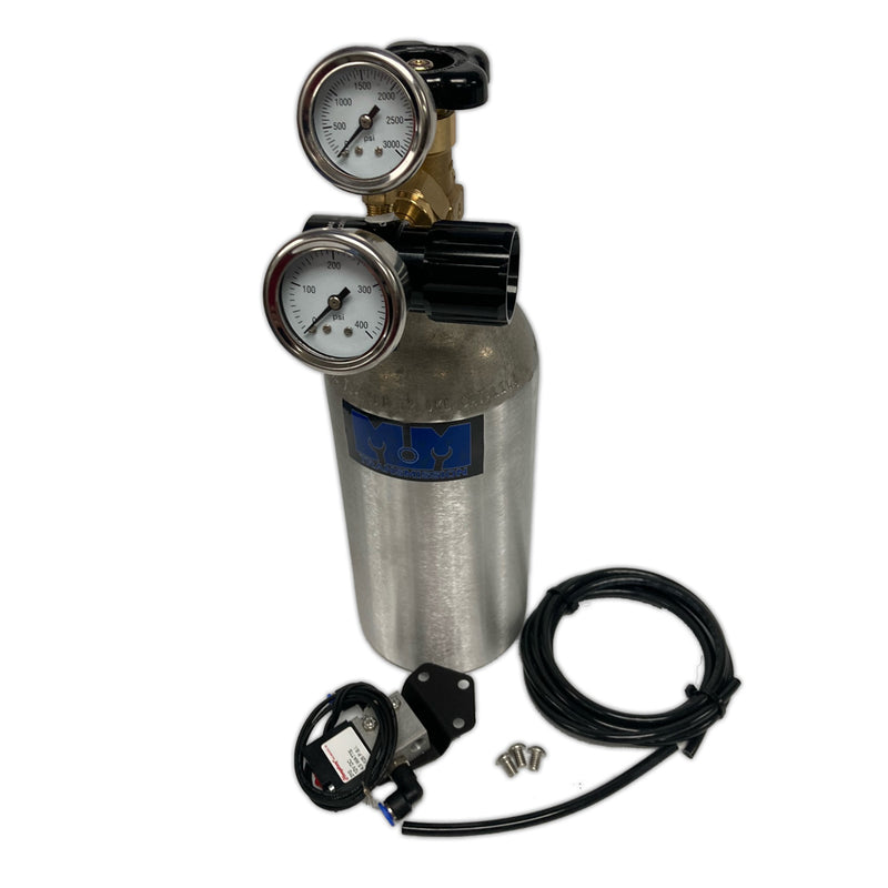 A stainless steel gas cylinder with two analog pressure gauges, a black regulator valve, a blue label, a coiled black hose, a black electronic control module, and small mounting screws, photographed on a plain white background.