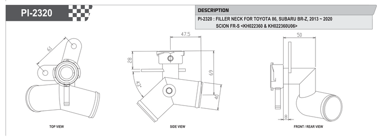 Koyo Racing PI-2320 filler neck spec sheet — dimensions and fitment for Toyota 86, Subaru BRZ, Scion FR-S