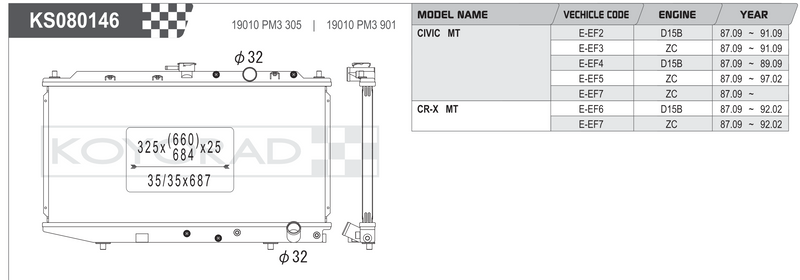 Koyorad KS080146 spec sheet — Honda Civic EF / CRX MT D15B ZC fitment and dimensions