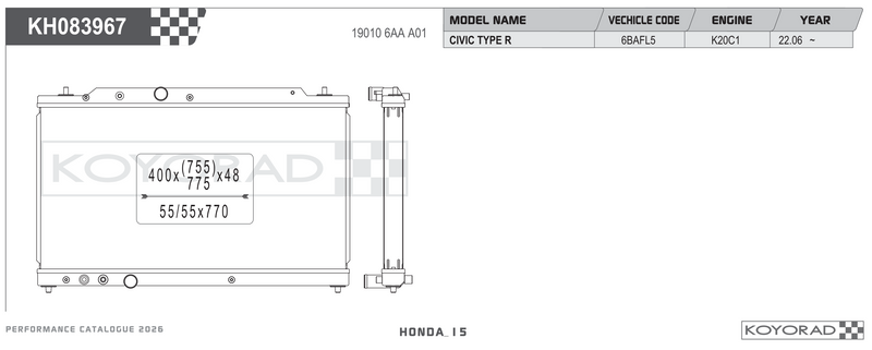 Koyorad KH083967 Performance Radiator - Honda Civic Type R FL5 K20C1 2022+