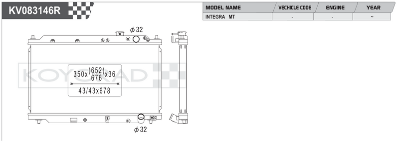 Koyorad KV083146R Performance Radiator - Honda Integra MT dimensions diagram