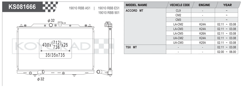 Koyorad KS081666 spec sheet — Honda Accord CL / Acura TSX MT fitment and dimensions