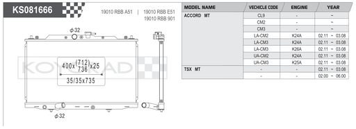 Koyorad KS081666 spec sheet — Honda Accord CL / Acura TSX MT fitment and dimensions