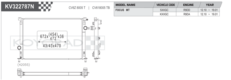 Koyorad KV322787N Performance Radiator - Ford Focus MT 5XXGC KXXGC dimensions diagram