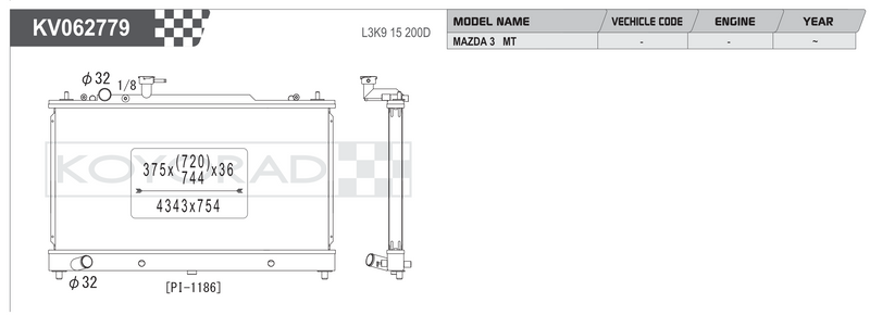 Koyorad KV062779 spec sheet — Mazda 6 / Mazda 3 MT L3K9 15 200D