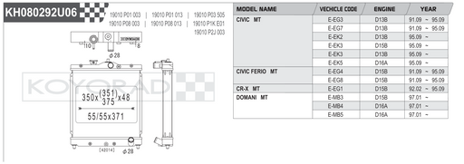 Koyorad KH080292U06 spec sheet — Honda Civic EG EK CR-X Domani MT fitment and dimensions