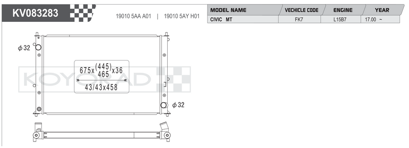 Koyorad KV083283 Performance Radiator - Honda Civic FK7 L15B7 MT dimensions diagram
