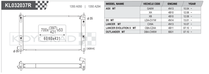 Koyorad KL032037R Performance Radiator - Mitsubishi ASX Lancer Evo X Outlander MT dimensions diagram