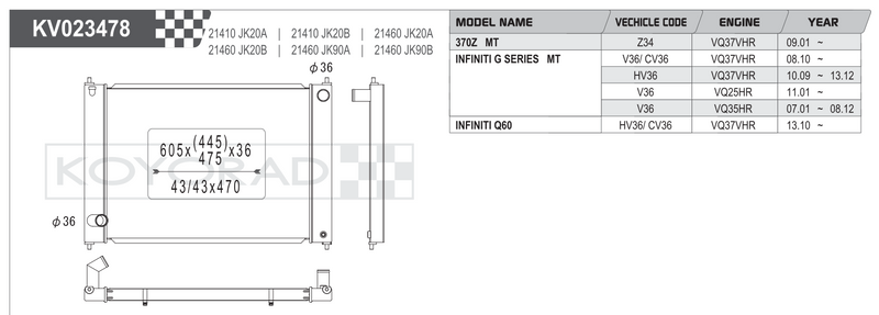 Koyorad Performance Radiator: Nissan 370Z / Infiniti G Series / Q60 MT