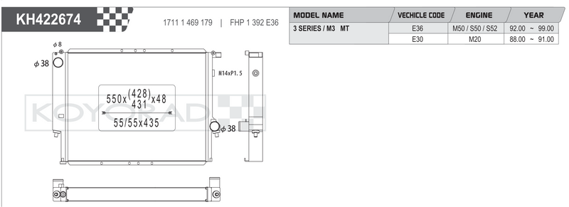 Koyorad KH422674 radiator spec sheet — BMW 3 Series / M3 E36 E30