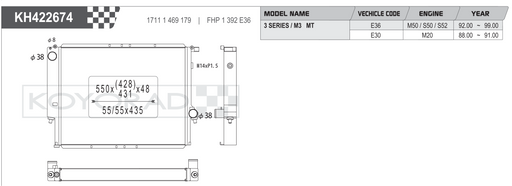 Koyorad KH422674 radiator spec sheet — BMW 3 Series / M3 E36 E30