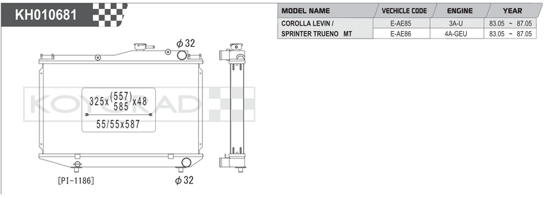 Koyorad Performance Radiator: Toyota Corolla Levin / Sprinter Trueno AE85 / AE86 MT 1983-1987