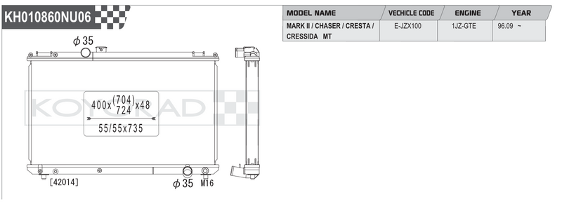 Koyorad Performance Radiator: Toyota Mark II / Chaser / Cresta / Cressida JZX100 1JZ-GTE MT 1996+