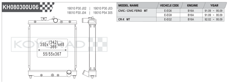Koyorad KH080300U06 Performance Radiator - Honda Civic EG CR-X B16A MT dimensions diagram